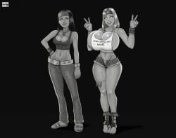 american_dad bandaid bandaid_on_leg belly_button belly_piercing belt black_hair blonde_hair body_freckles breasts breasts_bigger_than_head busty cleavage daisy_dukes dark_hair feet freckles freckles_on_breasts gertie_(gnashershells) gnashershells hayley_smith hippie light_hair massive_breasts original original_character peace_sign peace_symbol peace_symbol_necklace sandals size_difference tanktop thick_thighs thighs thong_sandals thong_straps