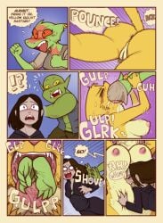 2025 anthro ass belly breasts brown_hair comic felid female fur genitals green_body group hair hi_res human katia_managan khajiit mammal microsoft nipples nude nude_female oral_vore prequel_adventure shyguy9 speech_bubble text the_elder_scrolls trio vore vulva yellow_body yellow_fur