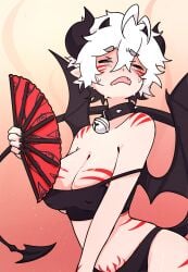 2025 bell_collar big_breasts black_panties blaire_rune blairevt body_markings breasts cleavage closed_eyes collar demon demon_girl demon_horns demon_tail demon_wings devil devil_girl devil_horns devil_tail exposed_shoulders fan fanning fanning_self hot indie_virtual_youtuber large_breasts nipples_visible_through_clothing nonbinary off-shoulder_shirt panties pointy_ears pubic_tattoo red_stripes short_hair spiked_collar striped_body sweat sweatdrop sweating tank_top thighhighs virtual_youtuber vtuber white_hair