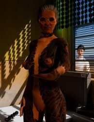 3d anal_beads blender choker clitoris_piercing cyberpunk_2077 female glasses granny hanako_arasaka mrbag3d nipple_piercing nose_piercing nose_ring nude nude_female older_female roxi7 tattoo voyeur wakako_okada