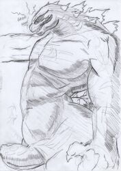 animal_humanoid daddy_kink daddyfication foreskin genitals godzilla_(2014) godzilla_(series) graphite_(artwork) hi_res humanoid jabutico legendary_pictures male nude penis scalie scalie_humanoid solo toho traditional_media_(artwork) uncircumcised