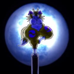 1girls 3_toes annoyed anthro arms_behind_head armwear ass ass_visible_through_thighs bandai_namco bbw belly big_breasts black_sclera blue_eyes breasts bubble_butt child_bearing_hips chubby chubby_female countershade_torso countershading digimon digimon_(species) digimon_tamers digitigrade dumbwolfperson fat fat_female fatfur featureless_breasts female female_only fox frown furry gloves gluteal_fold hands_behind_head hips hips_wider_than_shoulders midriff moon navel neck_tuft night one_leg_up overweight overweight_female pear_shaped pose raised_leg renamon shoulder_spikes skinny_face socks_(marking) solo thick_thighs thighs_bigger_than_head two_tone_body two_tone_fur two_tone_tail voluptuous voluptuous_female