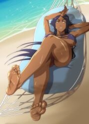 ashilover44 beach bleach bleach:_sennen_kessen-hen bleach:_the_thousand-year_blood_war bleach_brave_souls bra breasts crossed_legs dark-skinned_female dark_hair dark_skin feet foot_fetish foot_focus glossy glossy_body hammock laying laying_down long_hair ocean sand sea shihouin_yoruichi smile sole sole_female soles swimsuit wet wet_body wet_skin yellow_eyes