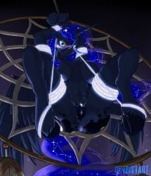 alicorn anthro anthrofied arms_above_head big_breasts blush bodily_fluids bondage bondage bound breasts catcher clitoris dreamcatcher embarrassed equid equine feathers female friendship_is_magic frist44 frogtied genital_fluids genitals glowing glowing_genitalia hasbro hi_res horn legs_tied looking_at_viewer mammal my_little_pony mythological_creature mythological_equine mythology navel nipples princess princess_luna_(mlp) restrained royalty scrunchy_face solo spread_legs spreading suspension vaginal_fluids vulva wings