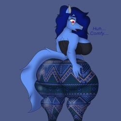 1girls 4_fingers alternate_version_available anthro ass_bigger_than_head big_ass big_breasts blue_body blue_fur blue_hair breasts bubble_butt clawed_fingers cleavage clothed clothing dumbwolfperson eli_(dumbwolfperson) eyelashes female female_only flare_pants forbidden_pants furry grabbing_ass hair_over_one_eye hand_on_butt hips hourglass_figure looking_back looking_down marking_below_eyes markings midriff midriff_baring_shirt oc original_character red_eyes sideboob solo strapless strapless_top tail text thick_thighs three-quarter_portrait wolf wolf_girl