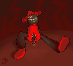 black_skin clothed cyclops dave_and_bambi_mod exposed_pussy expunged_(rapparep) hat headwear looking_at_viewer open_legs red_background red_body red_clothing red_hat sharp_teeth signature simple_background smile smiling_at_viewer sweater unusual_genitalia vagina vagina_dentata