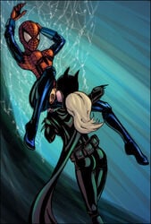 2girls batgirl batman_(series) crossover dc dc_comics female female_only human human_only light-skinned_female light_skin marvel mayday_parker mc2 miravi multiple_girls spider-girl spider-man_(series) stephanie_brown yuri