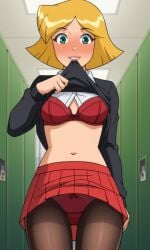 ai_generated ass bigmic145 blonde_hair bra breasts clover_(totally_spies) female flashing flashing_panties long_sleeves medium_breasts navel panties panties_under_pantyhose pantyhose pleated_skirt school_uniform schoolgirl shirt skirt solo_female sweater sweater_lift tease teasing totally_spies