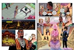 2boys 4girls angelica_(darkereve) armband back_view ball_earrings big_breasts black_hair blue_eyes braided_hair breasts brown_hair chin_beard clothed clothed_female clothed_male comic comic_panel dark-skinned_female dark-skinned_male dark_skin darkereve dialogue dress earrings eiffel_tower female france glasses golden_bracelets heart_hair_ornament hourglass_figure hourglass_figured_female indoors jagua_tales jagua_tales_(comic) joana_dolores light-skinned_female light_skin long_hair male monica_del_rio olga_valerio orange_hair paris pink_hair platinum_blonde_hair sexy_dress styled_hair sunglasses tattoo tramp_stamp tuxedo white_hair