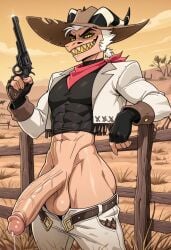 1boy ai_generated anus balls ballsack belt big_penis big_thighs bronin666 bubble_ass circumcised cock gun hat helluva_boss imp large_penis long_penis male male_only muscular muscular_back pants pants_down revolver scarf solo solo_focus solo_male standing striker_(helluva_boss) suit tail thick_ass thick_butt thick_thighs unbuckled_belt