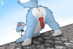 anthro anus ass backsack balls blue_body blue_fur canid canine canis deararkind domestic_cat domestic_dog felid feline felis feral fluffy fox fur genitals hi_res knot male mammal microsoft minecraft mojang penis pinup pose red_knot sky solo umkashka white_body white_fur wolf xbox_game_studios