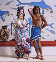 1boy 1girls 2d_(artwork) ancient_greece barefoot big_areola big_breasts big_nipples black_hair breasts_bigger_than_head breasts_out breasts_out_of_clothes bronz brown_eyes cleavage dark-skinned_male dark_hair dress earrings greek_mythology hand_on_hip hands_behind_head history huge_breasts jewelry jfoliveras light-skinned_female minoan nipples pose tagme tan_body tan_skin white_skin