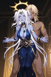 1boy 1girls black_sclera blue_dress blue_eyes blue_skin blush breasts city_lights cleavage colored_skin constellation dress female fox_yoo galaxy gloves height_difference honkai:_star_rail honkai_(series) hoyoverse implied_sex jewelry large_breasts light_particles long_hair mihoyo muscular nanook_(honkai:_star_rail) night night_sky open_mouth sex sex_from_behind shooting_star side_slit snowing space sparkle standing straight very_long_hair white_hair xipe_(honkai:_star_rail)