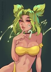 alternate_version_available artist_name artist_signature bandage big_breasts breasts brown_eyes curvy curvy_figure electricity flat_belly freckles glowing_hair green_hair heart heart_symbol highlights_(coloring) league_of_legends lips lipstick mambolina patreon patreon_logo patreon_reward patreon_username riot_games sexy_pose short_hair simple_background simple_shading swimsuit tummy twintails watermark zeri_(league_of_legends)