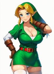 ai_generated blonde_hair blue_eyes breasts cleavage elf genderswap_(mtf) green_hat large_breasts link_(ocarina_of_time) nintendo panties rule_63 the_legend_of_zelda the_legend_of_zelda:_ocarina_of_time