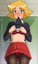 ai_generated ass bigmic145 blonde_hair bra breasts clover_(totally_spies) female flashing flashing_panties long_sleeves medium_breasts navel panties panties_under_pantyhose pantyhose pleated_skirt school_uniform schoolgirl shirt skirt solo_female sweater sweater_lift tease teasing totally_spies