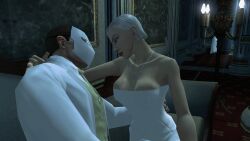 3d breasts breasts cleavage female foreplay hitman hitman_blood_money io-interactive jewelry large_breasts male mask screenshot short_hair tight_clothing video_games white_dress white_hair white_skin white_suit