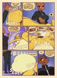 2025 after_vore anthro argonian ass belly bethesda_game_studios big_butt breasts brown_body brown_skin comic duo felid female fur genitals hi_res katia_managan khajiit mammal microsoft nipples nude nude_female oblivion overweight prequel_adventure quill-weave scalie shyguy9 speech_bubble text the_elder_scrolls vore vulva yellow_body yellow_fur
