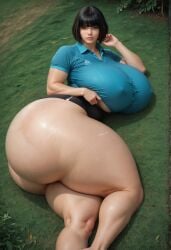 ai_generated asian asian_female black_eyes black_hair bob_cut booty_shorts bubble_ass bubble_butt covered_breasts curvy curvy_female dead_by_daylight detailed_background expressionless female female_only feng_min grass half_dressed half_naked laying_down laying_on_back laying_on_ground laying_on_side light-skinned_female light_skin looking_at_viewer massive_ass massive_breasts massive_thighs outdoors posing posing_for_the_viewer round_ass round_breasts round_butt shirt shorts small_waist solo_female thicknesslord vegetation