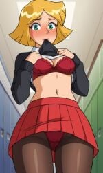 ai_generated ass bigmic145 blonde_hair bra breasts clover_(totally_spies) female flashing flashing_panties long_sleeves medium_breasts navel panties panties_under_pantyhose pantyhose pleated_skirt school_uniform schoolgirl shirt skirt solo_female sweater sweater_lift tease teasing totally_spies
