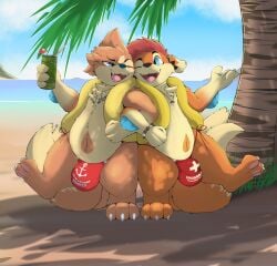 absurd_res alcohol anthro beach beverage bikini bikini_bottom bikini_thong brother_(lore) brothers_(lore) bulge clothing colton dancing dialogue digital_media_(artwork) duo dyed_fur english_text floatzel fur generation_4_pokemon genitals hi_res highlights_(coloring) jodi_(katauni) katauni locked_arms male male/male mammal nintendo open_mouth outside plant pokemon pokemon_(species) sand seaside sibling_(lore) singing sky smile story story_in_description swimwear tail text thick_thighs tongue tree two-piece_swimsuit water