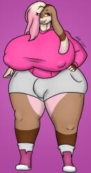 2024 absurd_res anthro big_breasts bottomwear breasts bulge clothed clothing digital_media_(artwork) eyebrows eyelashes facial_piercing footwear gynomorph hair hi_res hoodie huge_breasts intersex isaiahtse lagomorph leporid lip_piercing mammal nipple_outline nose_piercing piercing pink_clothing pink_hoodie pink_topwear rabbit shoes shorts smile socks solo topwear