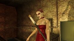 3d big_breasts bondage bondage_gear bondage_outfit breasts cleavage female female_focus hitman hitman_blood_money huge_breasts io-interactive large_breasts official_art red_dress red_hair screenshot vaana_ketlyn video_games white_skin