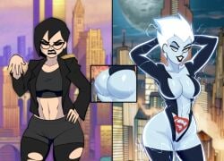2girls ass big_ass big_breasts big_butt big_hips big_thighs black_hair blue_body blue_skin breasts caucasian caucasian_female dc dc_comics dgoger female glasses grey_eyes hips leslie_willis livewire sexy sexy_body sexy_pose short_hair superman:_the_animated_series superman_(series) superman_logo tattoo thick_thighs thighs white_hair