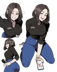 1girls ass big_ass big_breasts black_shirt blue_jeans breasts brown_hair call_me_gesture fangs hand_on_ground hand_on_hip held holding_phone horny horny_female jeans kneeling large_ass large_breasts looking_at_viewer masoq095 multicolored_eyes multiple_views on_knees open_mouth phone phone_screen sam_(samsung) samsung_sam seductive seductive_body seductive_eyes seductive_gaze seductive_look seductive_pose seductive_smile shirt short_hair suggestive suggestive_look suggestive_pose suggestive_posing suggestive_smile sweat sweatdrop sweating thick thick_thighs thighs wink winking_at_viewer