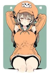 1girls ai_generated alternate_breast_size armpits bike_shorts blush brown_hair hat hololive hololive_english huge_breasts large_hat may_(guilty_gear)_(cosplay) nanashi_mumei orange_hat orange_hoodie pirate_hat pout thighs virtual_youtuber white_hair yellow_eyes