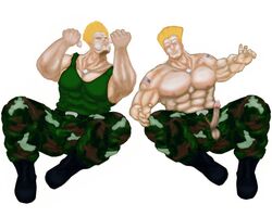 abs artist_request biceps blonde_hair blue_eyes bulge cum cum_on_penis fellatio guile handjob human male male_only muscles navel nipples oral pecs penis solo street_fighter tattoo testicles tongue tongue_out topless vein veiny_penis