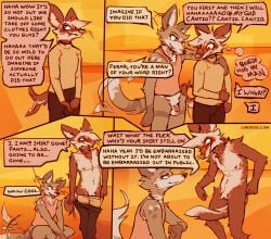 2025 andromorph andromorph_anthro anthro biped blush bottomless bottomless_anthro bottomless_male brown_body brown_fur canid canine canis cantio_(lawyerdog) clothed clothing coyote dialogue digital_media_(artwork) domestic_ferret duo english_text ferar_(lawyerdog) flaccid fur genitals hi_res humanoid_genitalia humanoid_penis intersex intersex_anthro lawyerdog looking_at_another male male_anthro mammal multicolored_body multicolored_fur mustelid musteline nude_andromorph nude_anthro penis public public_nudity scar smile speech_bubble talking_to_another tan_body tan_fur text trans_(lore) trans_man_(lore) true_musteline undressing visibly_trans vulva weasel white_body white_fur