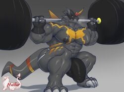 abs anthro armor bandai_namco barbell barbell_squats big_penis black_body bulkmon clothing digimon digimon_(species) exercise genitals headgear helmet hi_res huge_cock male masterelrest muscular muscular_anthro muscular_male pecs penis solo thong underwear weightlifting workout