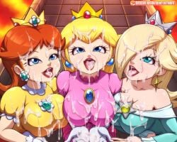3girls ahe_gao alternate_breast_size background big_breasts blonde_hair breasts brown_hair bukkake clothed cum cum_on_body cum_on_face cumshot female female_only fully_clothed hi_res highres huge_breasts large_breasts long_hair looking_up mario_(series) nintendo open_mouth presenting presenting_mouth princess_daisy princess_peach princess_rosalina reit super_mario_bros.