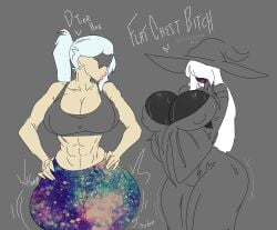 2girls abs ass big_ass big_breasts big_butt breasts breasts_bigger_than_head bubble_butt bursting_breasts clothing curvaceous curvy curvy_figure doodle duchess_(nightreign) elden_ring elden_ring_nightreign english_text erect_nipples erect_nipples_under_clothes eyes_covered female female_only fit fit_female gayplantsex grey_background hair_over_one_eye hands_on_hips hat hourglass_figure huge_ass huge_breasts jiggle jiggling_ass long_hair mostly_clothed onomatopoeia puffy_lips recluse_(nightreign) slim_waist sweat sweaty sweaty_breasts text thick_thighs voluptuous voluptuous_female white_hair wide_hips witch_hat