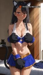 _nagatoro ai_generated alternate_breast_size animal_ear_fluff animal_ears animal_hands bare_shoulders black_hair blue_skirt blush breasts brown_eyes cat_ears cat_paws cat_tail cheerleader cleavage closed_mouth collarbone cosplay crop_top dark-skinned_female dark_skin earclip fake_animal_ears female gloves hair_ornament hairclip hayase_nagatoro indoors large_breasts long_hair looking_at_viewer meitabuu midriff nagatoro_hayase navel paw_gloves please_don't_bully_me pleated_skirt pom_pom_(cheerleading) skirt smile solo sports_bra stomach sweat tail tan thighs