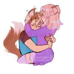 1boy 1girls arms_around_partner blush_lines cute dog_boy dog_ears dog_tail embrace embracing female genshin_impact gorou_(genshin_impact) happy heterosexual hugging hugging_partner male male/female mihoyo no_sex nuzzling petting pink_hair sangonomiya_kokomi straight tail white_background wholesome