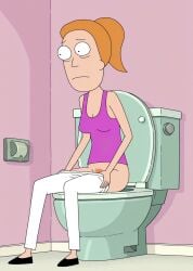 ai_assisted ai_generated bathroom bathroom_stall ginger ginger_female ginger_hair ginger_pubic_hair orange_hair orange_hair_female orange_pubic_hair panties panties_around_thighs panties_down panties_pull pants_partially_removed pants_pulled_down peeing pink_panties pink_tank_top ponytail red_hair redhead_female rick_and_morty sitting sitting_on_toilet summer_smith toilet toilet_use using_toilet white_panties
