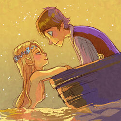 1boy 1girls astrid_hofferson blonde blonde_hair boat brown_hair casual_nudity dreamworks female flower flower_in_hair hiccup_horrendous_haddock_iii how_to_train_your_dragon light-skinned_female light-skinned_male light_skin looking_at_another male paramount_pictures skinny_dipping small_breasts smile smiling topless topless_female water wholesome young