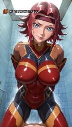 1boy ai_generated arms_behind_back artist_name black_bodysuit blue_eyes bodysuit breasts cameltoe closed_mouth clothed_female_nude_male code_geass covered_navel covered_nipples female headband impossible_bodysuit kallen_stadtfeld kouzuki_kallen large_breasts latex latex_bodysuit lips looking_at_viewer meitabuu mixed-sex_bathing multicolored_bodysuit nude patreon_username pilot_suit pov red_bodysuit red_hair red_headband shared_bathing shiny_clothes short_hair shower_(place) shower_head showering skin_tight smile solo_focus straight tile_wall tiles water wet wet_clothes wet_hair