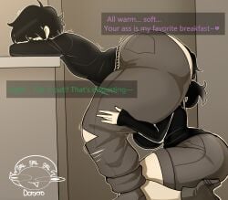 1boy 1girls ass da_ra_ra_ra dialogue duo female gigantic_ass huge_ass human male rimming text