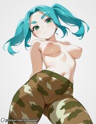 ai_generated blush breasts camouflage female green_eyes looking_at_viewer medium_breasts monogatari_(series) navel nipples ononoki_yotsugi simple_background solo topless twintails