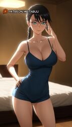 adjusting_eyewear ai_generated aqua_eyes ass_visible_through_thighs bare_arms bare_shoulders bed bedroom black_hair bleach bleach:_the_thousand-year_blood_war blue_dress blue_eyes braid braided_ponytail breasts camisole cleavage closed_mouth collarbone contrapposto covered_navel cowboy_shot dress female glasses hand_on_eyewear hand_on_own_hip hand_up indoors lamp large_breasts lips lisa_yadomaru long_hair looking_at_viewer meitabuu microdress over-rim_eyewear rimless_eyewear round_eyewear short_dress single_braid sleeveless smile solo spaghetti_strap standing taut_clothes thighs yadoumaru_lisa