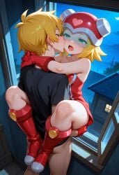 1boy ai_generated black_shirt blonde_hair city_background eyes_half_open female hands_around_neck harp_note helmet kissing_cheek knee_boots legs_around_partner lifting_person mega_man mega_man_star_force night no_panties open_mouth open_window short_hair thick_thighs thigh_grab