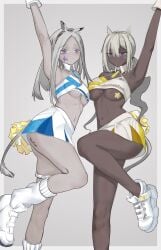 2girls arknights cheerleader_uniform dark_skin female female_only heavyrain_(arknights) horse_girl light_skin rioffi tuye_(arknights) underboob