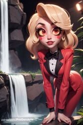 1girls ai_generated black_bow black_bowtie blonde_hair blush_stickers bow bowtie breasts charlie_morningstar_(hazbin_hotel) colored_sclera eyeshadow formal hazbin_hotel hi_res jacket leaning_forward long_hair long_sleeves looking_at_viewer makeup nail_polish pants parted_lips progenarts red_eyes red_jacket red_lips red_nails red_pants red_sclera red_suit shirt solo suit traditional_bowtie water waterfall yellow_sclera