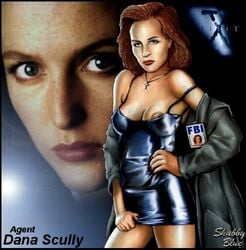 1girls actress blue_eyes breasts celebrity cross_necklace crucifix dana_scully fbi female female_only gillian_anderson name_tag necklace nipples orange_hair real_person redhead shabby_blue solo tagme x-files