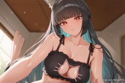 ai_generated animal_ear_fluff animal_ears aqua_hair bare_shoulders black_bra black_hair blunt_bangs blurry blurry_background blush bra braid breasts cat_cutout cat_ears cat_lingerie cleavage cleavage_cutout clothing_cutout collarbone colored_inner_hair curtains female frilled_bra frills hikari406 hoshimi_miyabi indoors large_breasts long_hair looking_at_viewer meme_attire multicolored_hair parted_lips red_eyes solo two-tone_hair uncensored underwear upper_body window zenless_zone_zero
