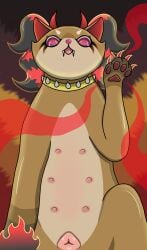 angry animal_genitalia animal_pussy anus belinda_barks canid canine canine_genitalia canine_pussy canis claws collar domestic_dog energy felidflora female feral fire genitals hi_res horn mammal multi_nipple nipples pussy shadow solo vulva
