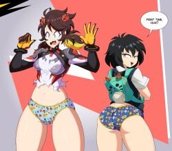 backpack black_hair brown_hair embarrassed imsomethingradical panties peni_parker peni_parker_(marvel_rivals) ripped_clothing spider-man:_into_the_spider-verse torn_clothes